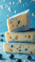 Unique blue cheese varieties arranged beautifully on a bright blue background with blueberries scattered around