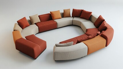 A modern modular curved sofa with orange and neutral cushions