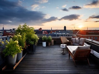 Obraz premium Rooftop Terrace with City Views at Sunset