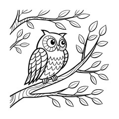 owl on branch coloring book page vector illustration