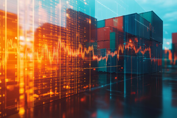 Double Exposure of Economic Graphs and Shipping Container Symbolizing Global Trade and Financial Growth