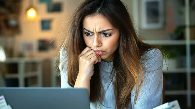 A woman biting her lip in concentration, sitting at her desk with her laptop open to an Excel sheet, with bills scattered around her as she struggles to balance her budget.