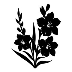 Elegant Black Silhouette of Gladiolus Flowers Botanical Illustration