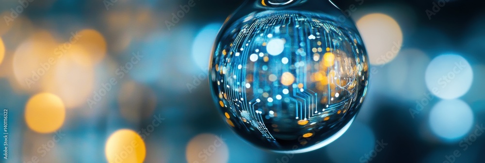 Poster macro water droplet reflecting digital circuit, showcasing the harmony between nature and technology