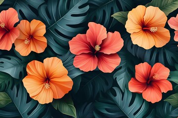 Vibrant Pink Hibiscus Flowers with Lush Green Leaves on a Light Background