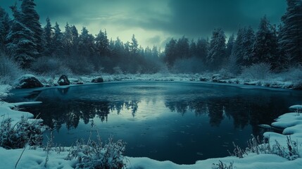 Frozen lake reflecting snowy forest at dawn
