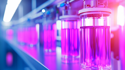 High tech laboratory with glowing pink liquid in glass containers, showcasing modern scientific research and innovation