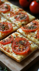 Freshly baked flatbread topped with tomatoes, cheese, and herbs on a wooden board in a warm kitchen setting