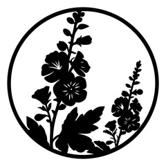 Black floral silhouette art in circular frame- Stylized black flower silhouette enclosed in a round frame, suitable for decorative artwork, traditional design elements, and ornamental projects