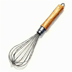 Stylized botanical watercolor illustration of a kitchen whisk with a wooden handle on white background.