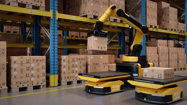 Autonomous robot arm loads parcels from shelf onto AGV robots in an automated warehouse or distribution logistics center. Smart warehouse automation concept. 3d rendering animation.