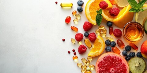 Fresh fruits and vitamins arranged beautifully on a white surface showcasing healthy eating options