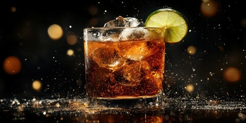 Refreshing cocktail with ice and lime captured in a vibrant setting with sparkling bokeh lights