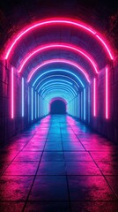 Obraz premium Vibrant tunnel with neon lights creating a dynamic atmosphere in a darkened space at night