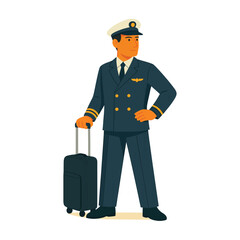 Pilot characters – male and hijabi female airline pilots with suitcase in uniform, flat vector illustration