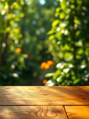 Wooden table top on blur background of green garden with bokeh sunlight. 
