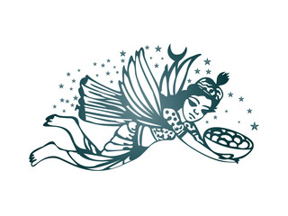 Mystical winged figure carrying a bowl, a captivating illustration.