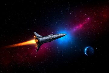Fototapeta premium A Colossal Spaceship's Nebula Voyage - A spaceship journeys through a vibrant nebula, symbolizing exploration, discovery, adventure, the vastness of space, and human ambition