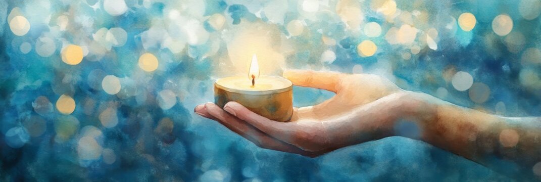 A Gentle Flame's Embrace - A hand cradles a flickering candle, symbolizing hope, peace, remembrance, warmth, and spiritual connection. The soft watercolor evokes serenity