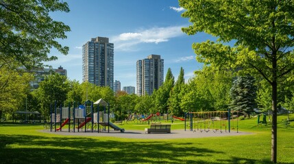 Obraz premium Urban park with playground and high-rise buildings. Lush greenery, sunny day