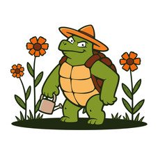 A grumpy old tortoise gardener with a straw hat, watering flowers in earthy greens and browns.