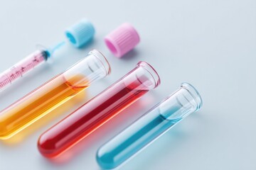 close-up image of colorful laboratory test tubes containing various samples of human blood scattered with syringes