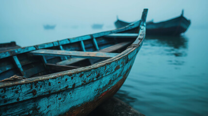 Fototapeta premium Peaceful Blue Wooden Boat in Foggy Water with Soft Focus Background and Calm Atmosphere