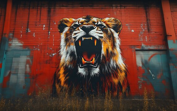 Roaring lion mural on a rusty red wall. - Powered by Adobe