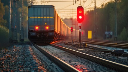 Obraz premium A Train Approaching a Signal in the Twilight, Railways and Landscape Captured with Warm Colors and Soft Lighting, Dynamic Composition
