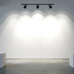 An empty art gallery with white walls, a gray concrete floor, and track lighting with five spotlights , two white plinths on the sides 