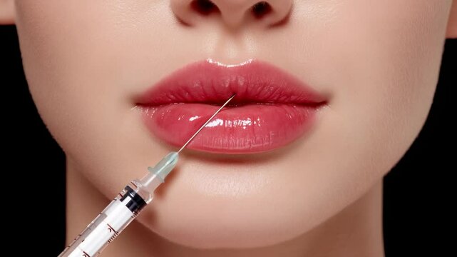Closeup of woman receiving cosmetic lip injection with syringe for beauty treatment against black background