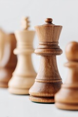 minimalist shot of chess pieces arranged neatly on white background with king and queen in focus