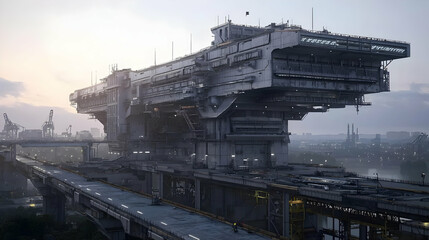 Fototapeta premium Futuristic Massive Ship Over City Bridge Dawn