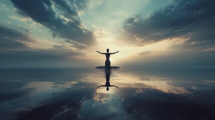 Silhouetted person stands in water facing the bright sky with arms open