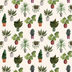 Seamless watercolor pattern with potted houseplants.
Hand-painted in soft, natural tones, this cozy botanical design is perfect for home decor, packaging, textiles, stationery, and eco-friendly brands