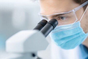 single immunology-themed prompt featuring lab technician examining sample with microscope wearing proper safety gear
