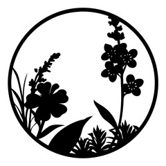 Wildflower silhouette design in circle frame- Black silhouette illustration of blooming wildflowers, leaves, and grass arranged inside a circular frame, creating a natural and ornamental floral design
