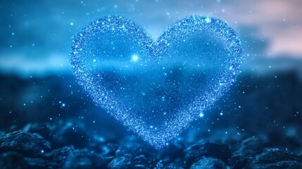 Obraz premium Blue Sparkly Heart - Glowing blue heart shape made of sparkles, against a dark blue background. Perfect for love, romance, or Valentine's Day