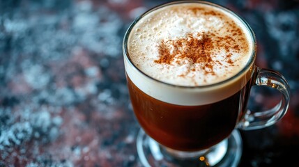 Rich and Creamy Coffee Beverage with Cinnamon Topping on Wood Table