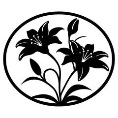 Blooming lily flowers silhouette in oval circle- Black silhouette artwork of two blooming lily flowers with leaves inside an oval circular frame, perfect for botanical and decorative designs