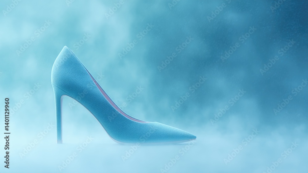 Poster surreal rendering of high heels floating in swirling mist of light set against textured gradient bac