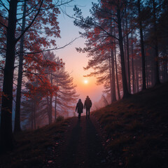 Fototapeta premium serene sunset misty forest, featuring two figures walking along path surrounded by tall trees and autumn foliage. warm colors evoke sense