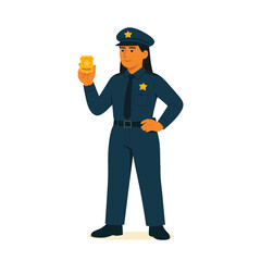 Confident police female officer. holding badge – flat vector illustration of diverse law enforcement professionals