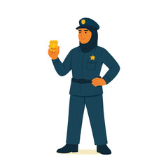Confident police female officer in hijab holding badge – flat vector illustration of diverse law enforcement professionals