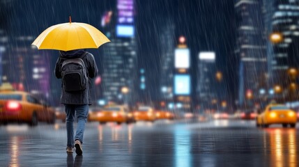 Fototapeta premium City Rain Night Walk - Person walking alone at night in the rain with a yellow umbrella in a city