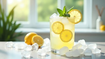 Refreshing lemonade with ice and lemon slices on a bright summer day