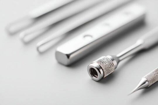 capture close-up image of sterile medical equipment arranged with precision against plain monochromatic backdrop ensuring