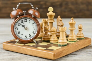 A vintage alarm clock sits atop a chessboard, symbolizing the constraints of time in strategic games.