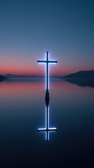 Naklejka premium Reflection of a large illuminated Christian cross on calm water at sunset.