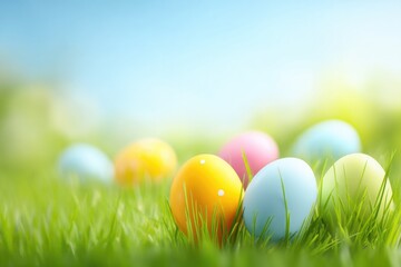 capture vibrant easter scene with colorful hand-painted eggs nestled in fresh spring grass providing generous copy